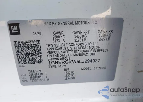 2020 Chevrolet Traverse Fwd Lt Cloth z USA, uszkodzony, nr VIN 1GNERGKW5LJ294927